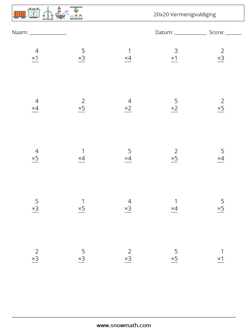 (25) 20x20 Vermenigvuldiging Wiskundige werkbladen 7