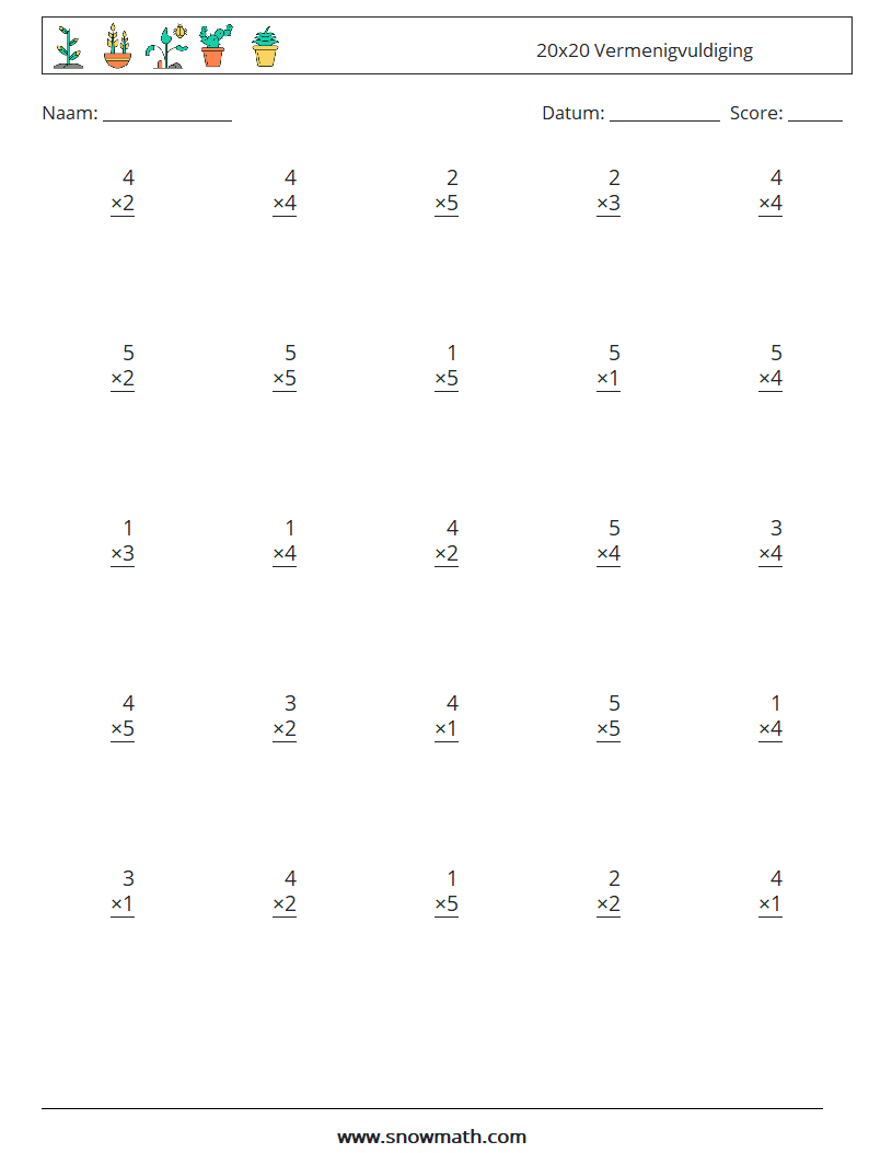 (25) 20x20 Vermenigvuldiging Wiskundige werkbladen 8