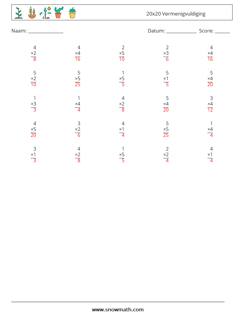 (25) 20x20 Vermenigvuldiging Wiskundige werkbladen 8 Vraag, Antwoord