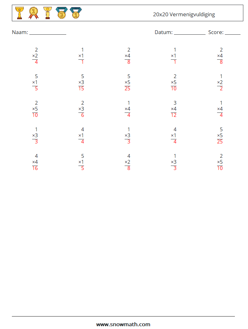 (25) 20x20 Vermenigvuldiging Wiskundige werkbladen 9 Vraag, Antwoord