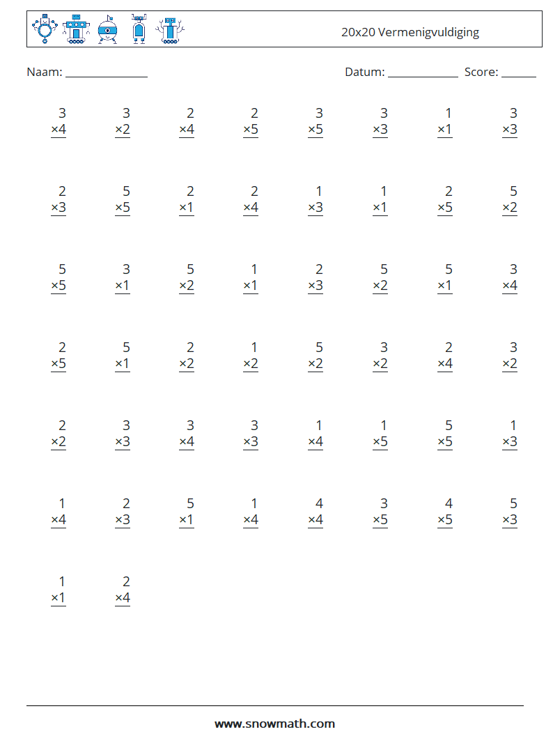 (50) 20x20 Vermenigvuldiging Wiskundige werkbladen 1