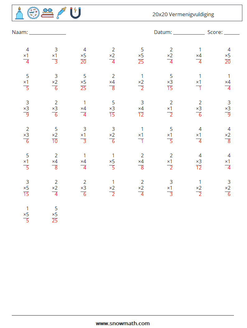 (50) 20x20 Vermenigvuldiging Wiskundige werkbladen 10 Vraag, Antwoord