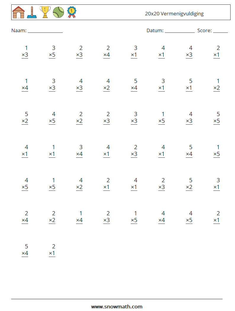 (50) 20x20 Vermenigvuldiging Wiskundige werkbladen 12