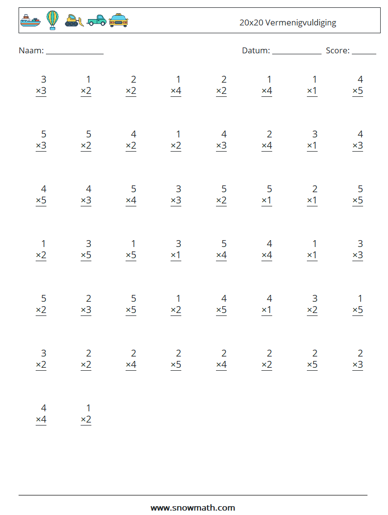 (50) 20x20 Vermenigvuldiging Wiskundige werkbladen 13