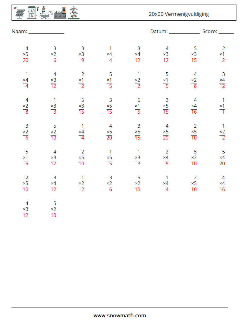 (50) 20x20 Vermenigvuldiging Wiskundige werkbladen 14 Vraag, Antwoord