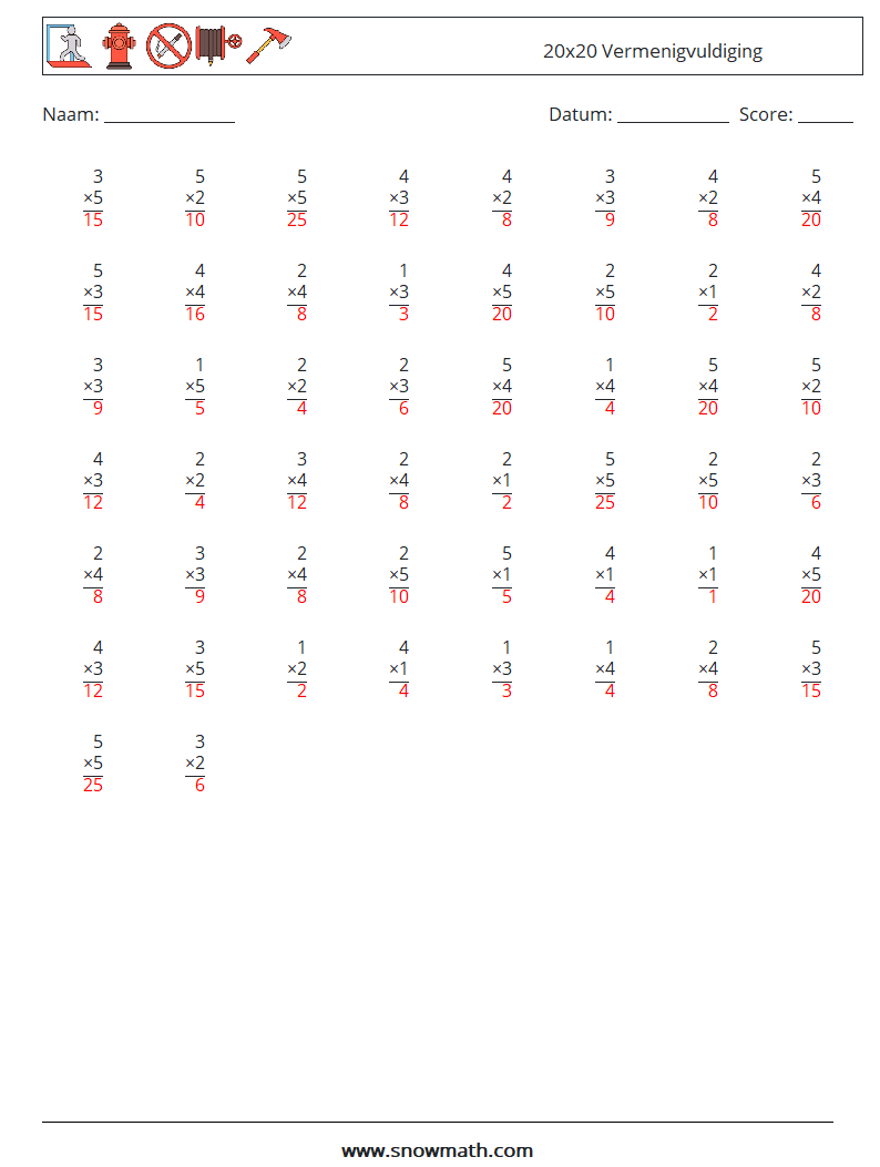 (50) 20x20 Vermenigvuldiging Wiskundige werkbladen 16 Vraag, Antwoord