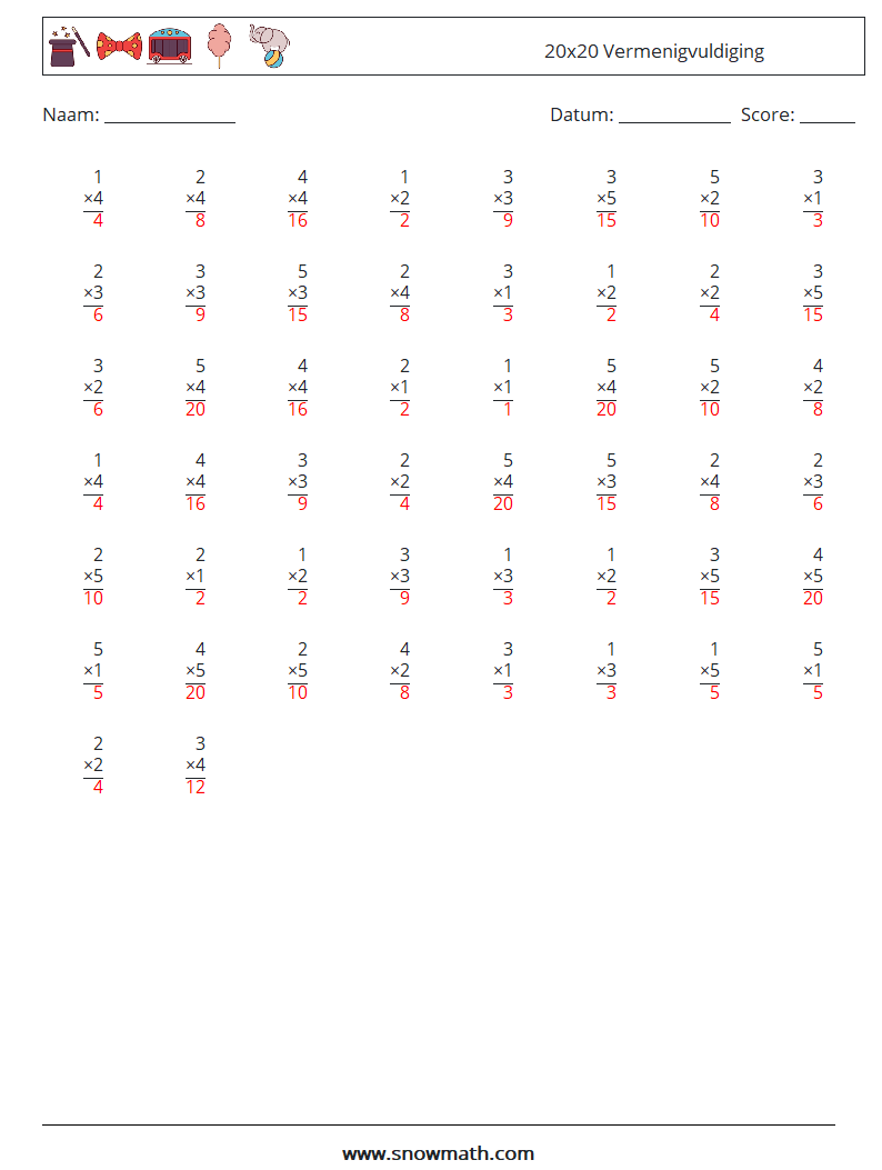 (50) 20x20 Vermenigvuldiging Wiskundige werkbladen 2 Vraag, Antwoord