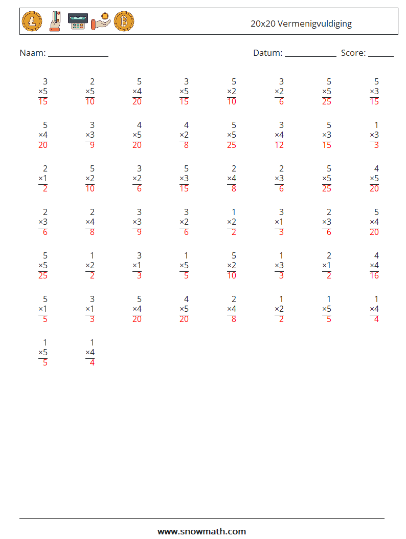 (50) 20x20 Vermenigvuldiging Wiskundige werkbladen 3 Vraag, Antwoord