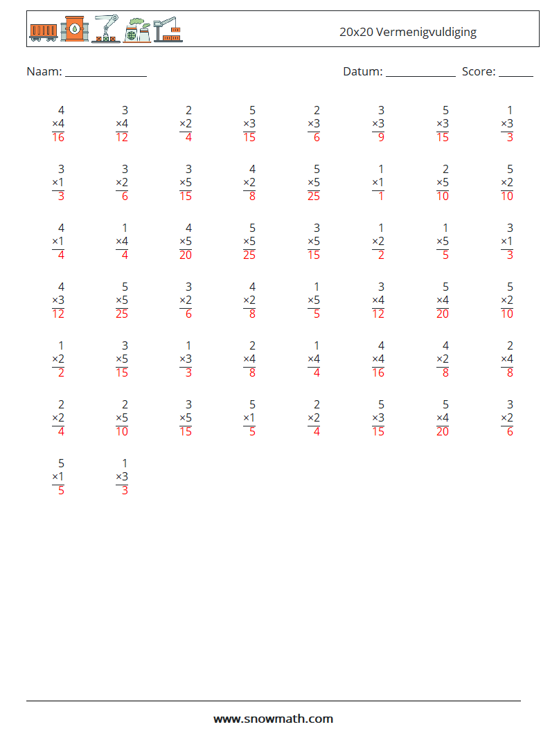 (50) 20x20 Vermenigvuldiging Wiskundige werkbladen 4 Vraag, Antwoord