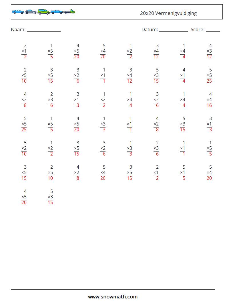 (50) 20x20 Vermenigvuldiging Wiskundige werkbladen 5 Vraag, Antwoord