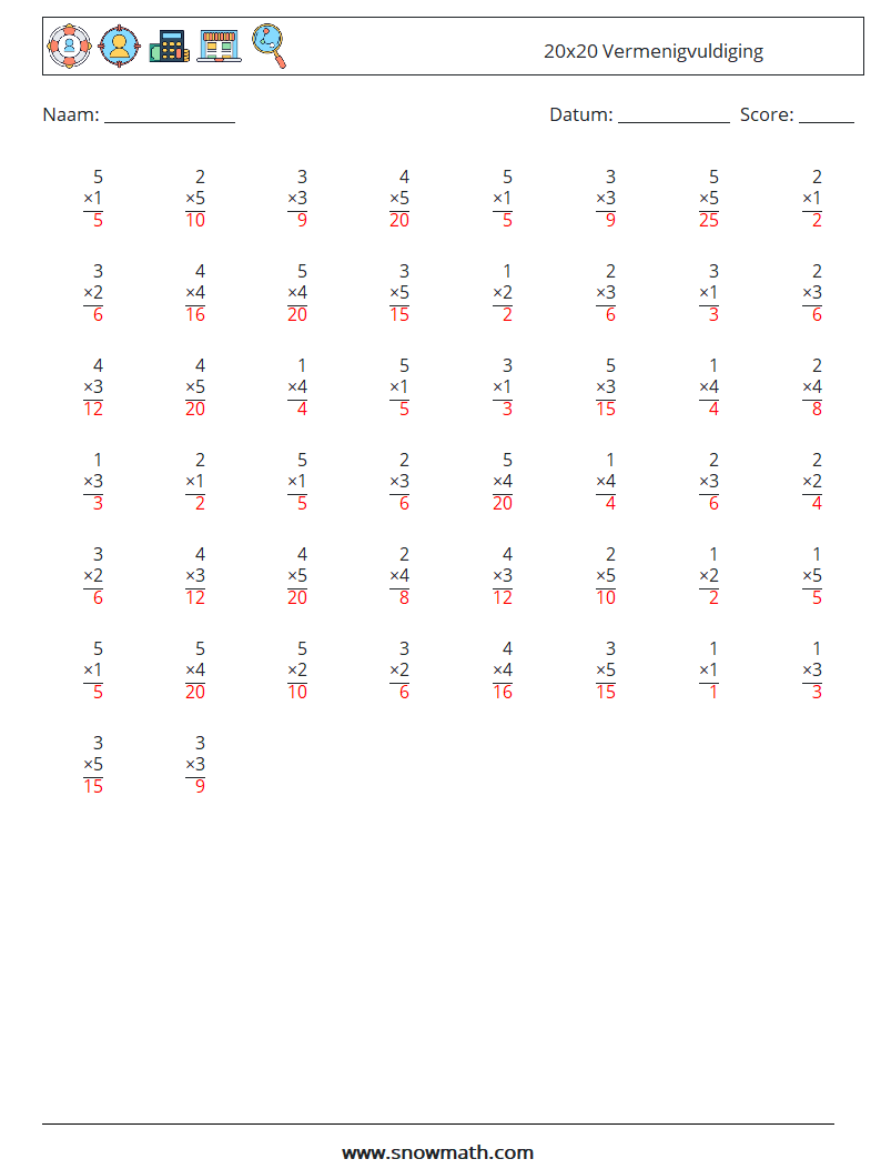 (50) 20x20 Vermenigvuldiging Wiskundige werkbladen 7 Vraag, Antwoord