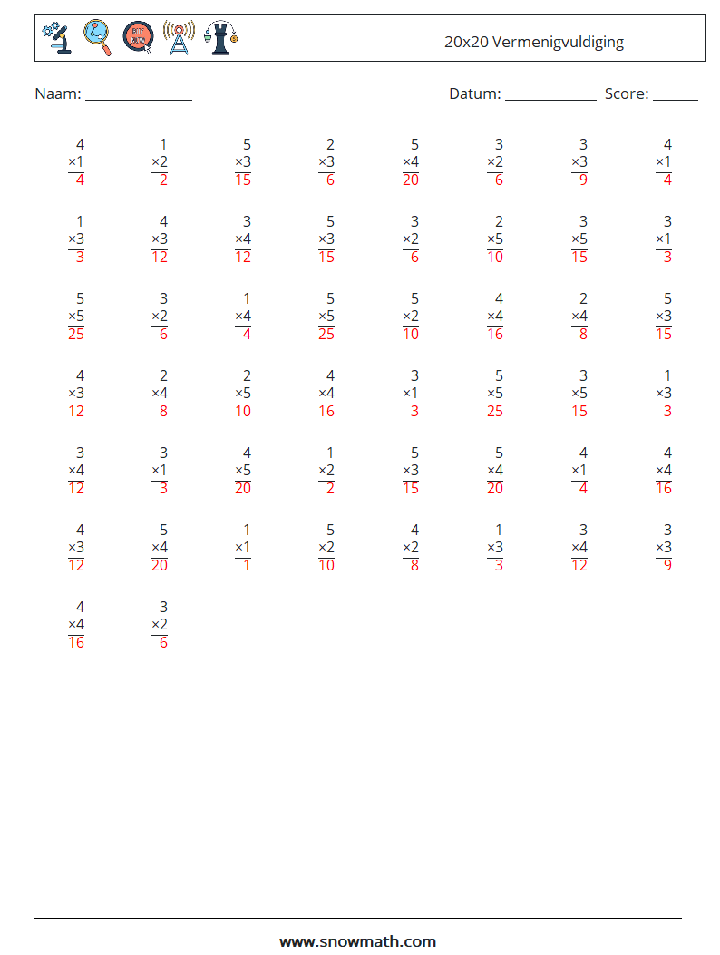 (50) 20x20 Vermenigvuldiging Wiskundige werkbladen 8 Vraag, Antwoord