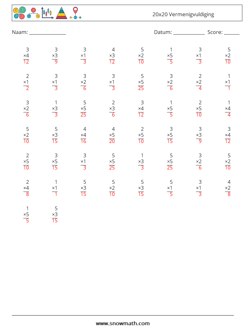 (50) 20x20 Vermenigvuldiging Wiskundige werkbladen 9 Vraag, Antwoord