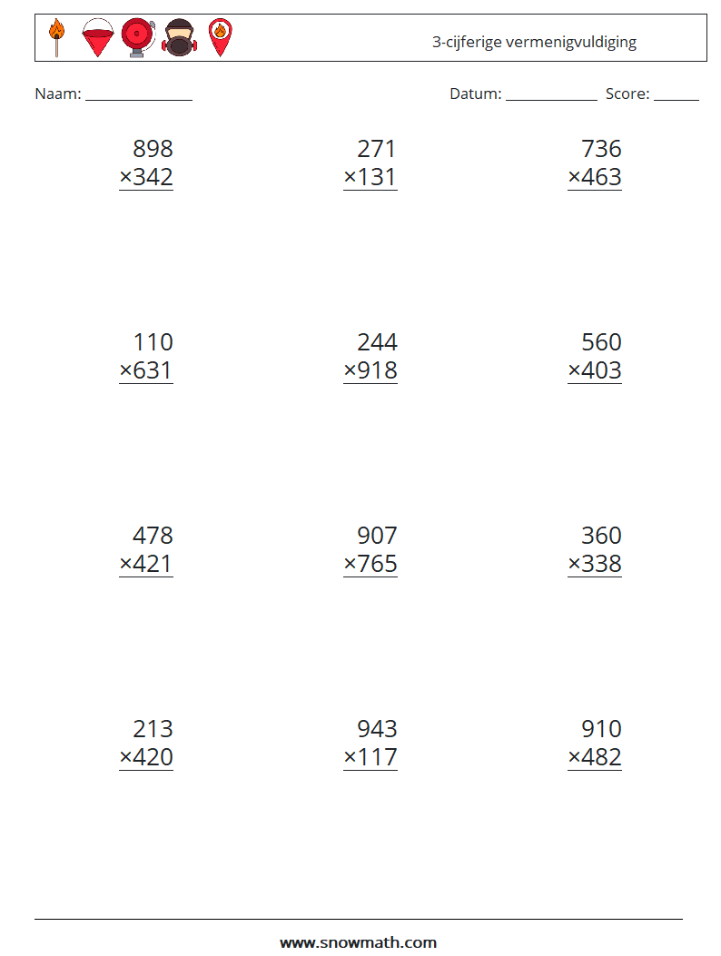 (12) 3-cijferige vermenigvuldiging Wiskundige werkbladen 10