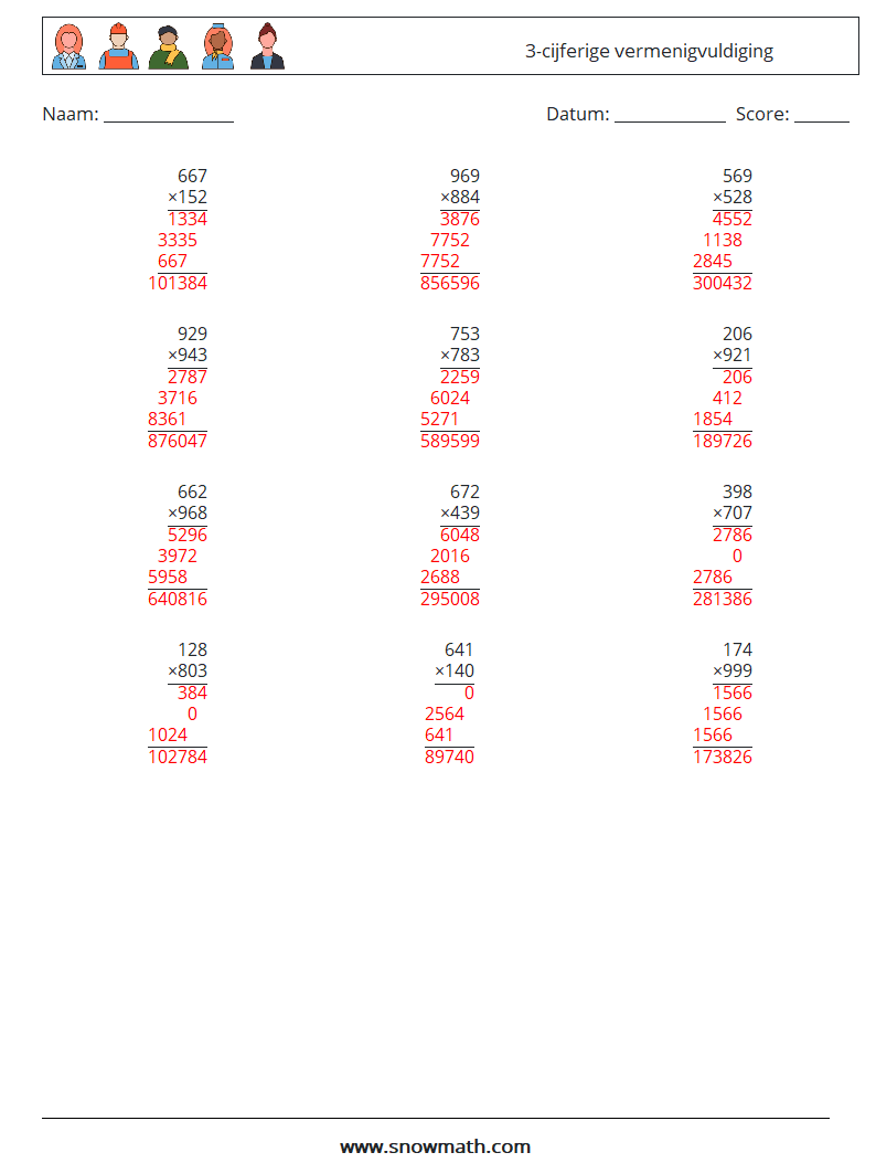 (12) 3-cijferige vermenigvuldiging Wiskundige werkbladen 11 Vraag, Antwoord