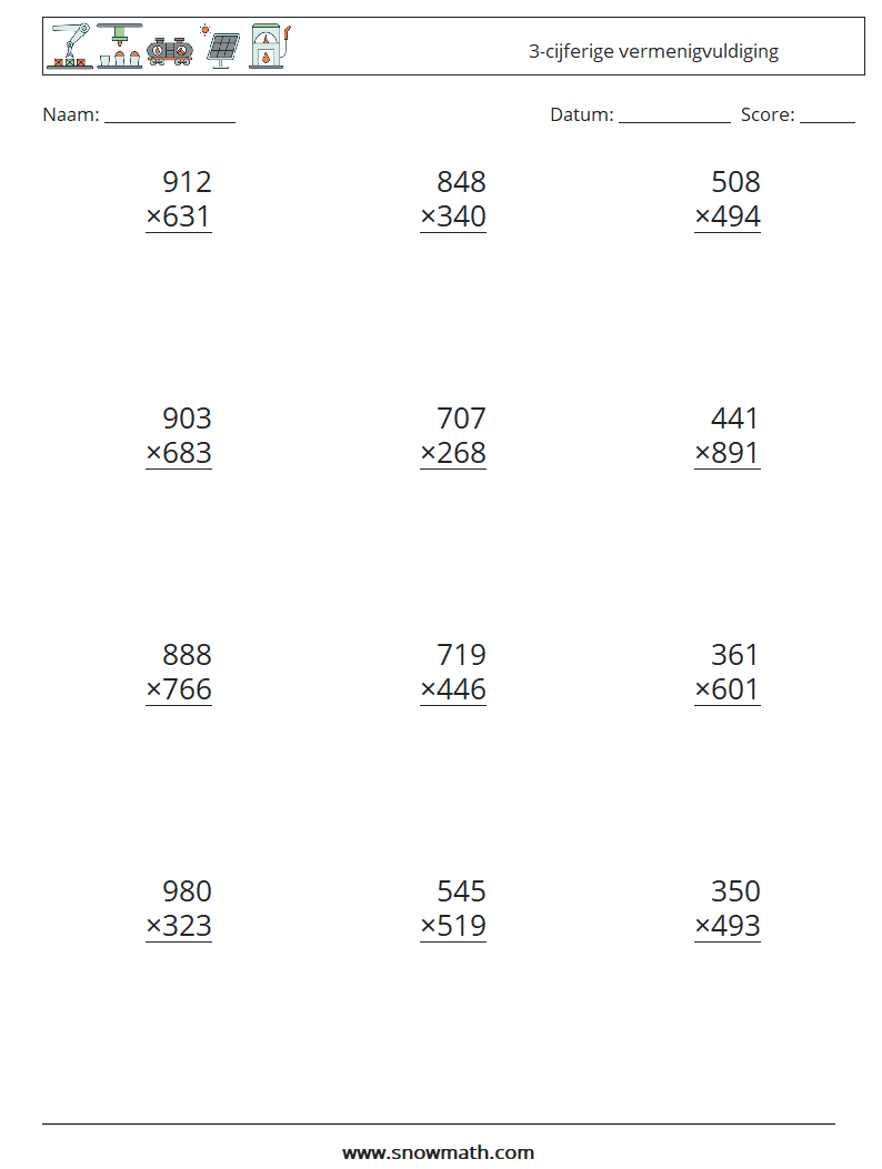 (12) 3-cijferige vermenigvuldiging Wiskundige werkbladen 12