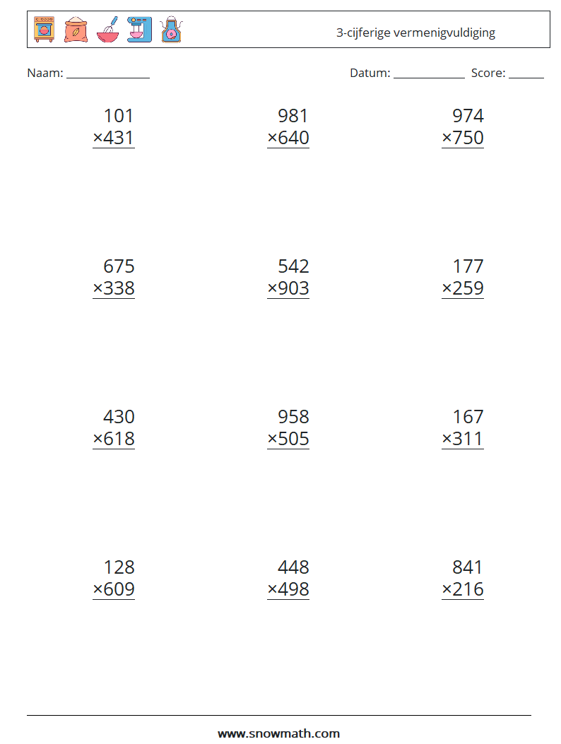 (12) 3-cijferige vermenigvuldiging Wiskundige werkbladen 13