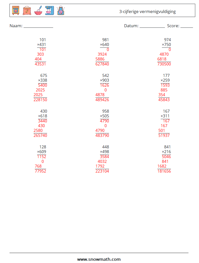 (12) 3-cijferige vermenigvuldiging Wiskundige werkbladen 13 Vraag, Antwoord