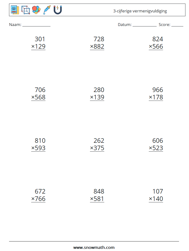 (12) 3-cijferige vermenigvuldiging Wiskundige werkbladen 14