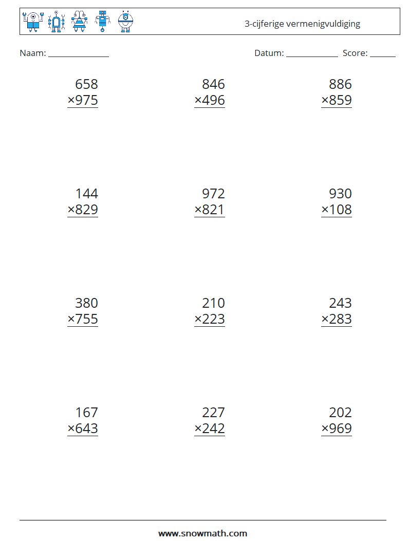 (12) 3-cijferige vermenigvuldiging Wiskundige werkbladen 15