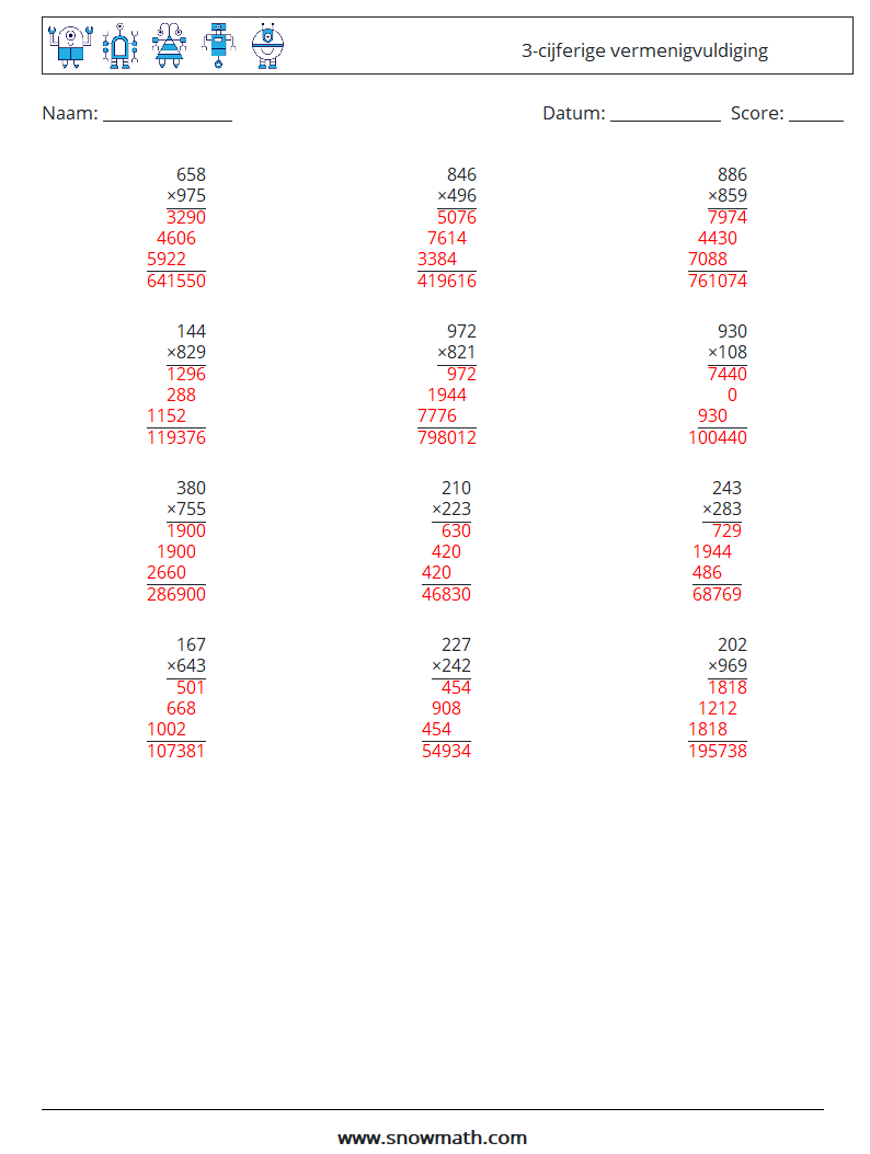 (12) 3-cijferige vermenigvuldiging Wiskundige werkbladen 15 Vraag, Antwoord