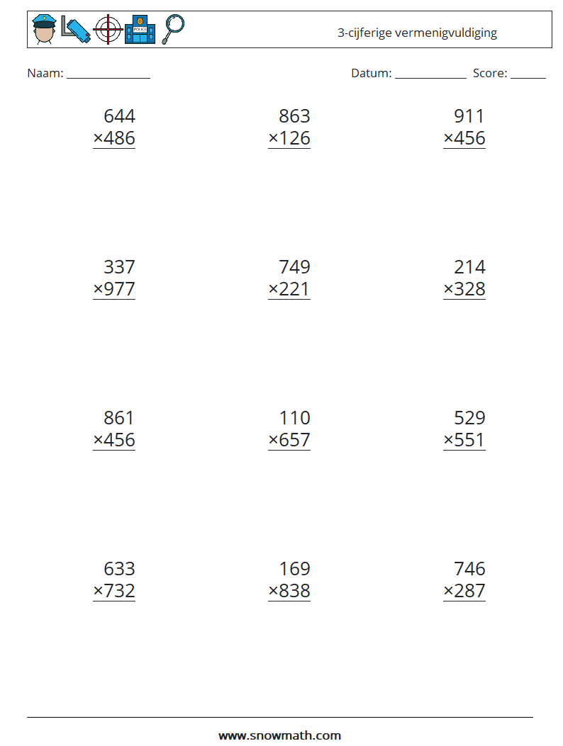 (12) 3-cijferige vermenigvuldiging Wiskundige werkbladen 16