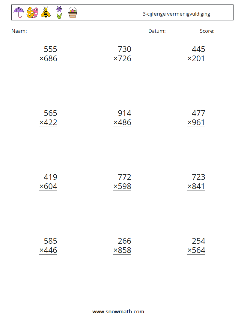 (12) 3-cijferige vermenigvuldiging Wiskundige werkbladen 17
