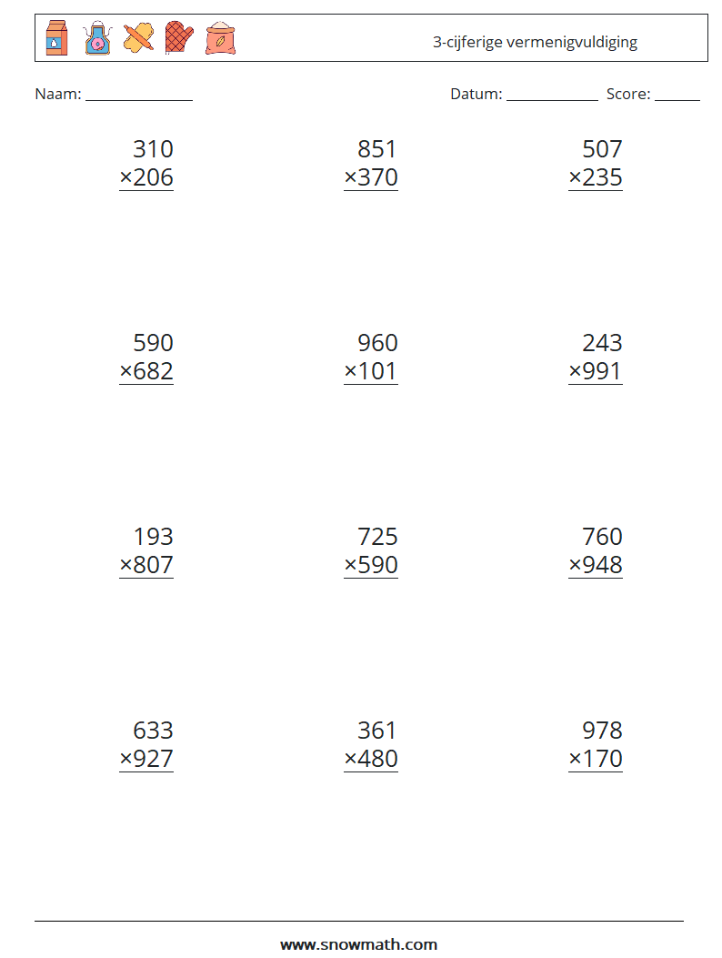 (12) 3-cijferige vermenigvuldiging Wiskundige werkbladen 18