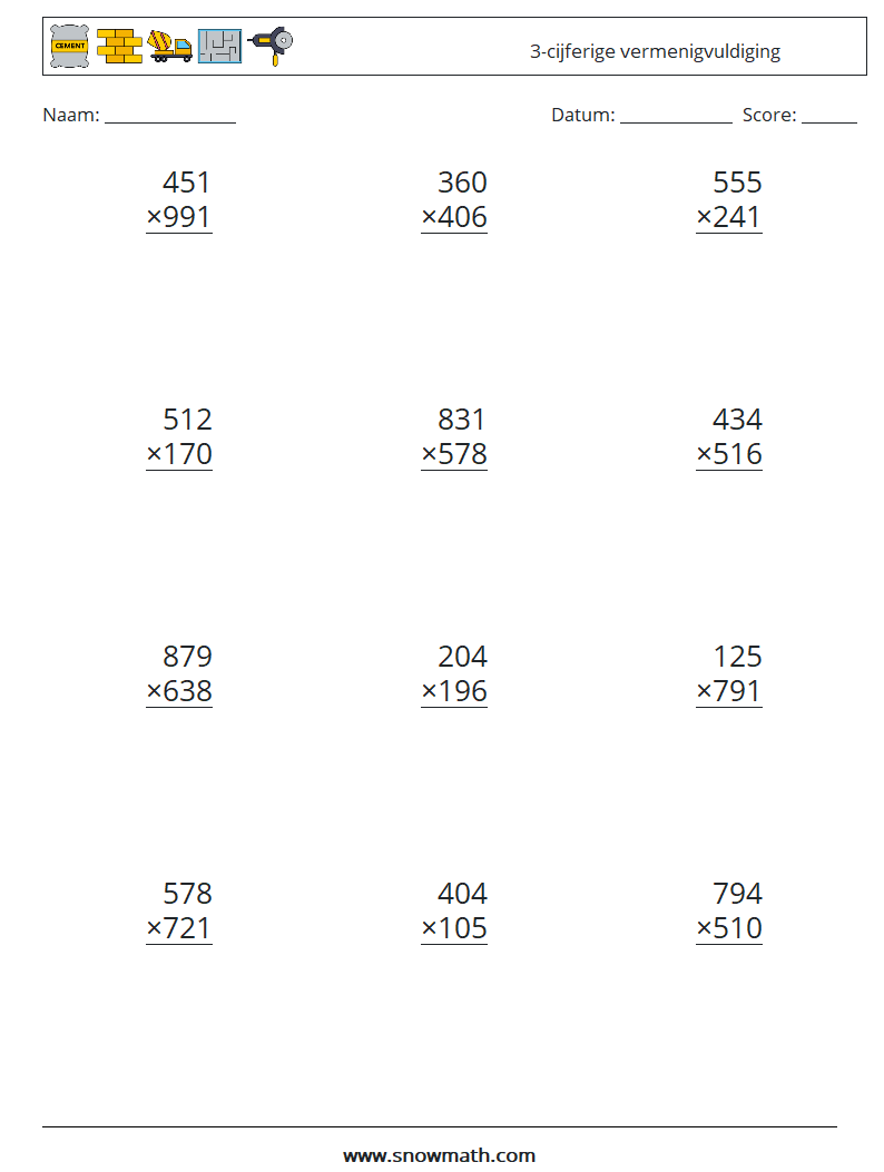 (12) 3-cijferige vermenigvuldiging Wiskundige werkbladen 2