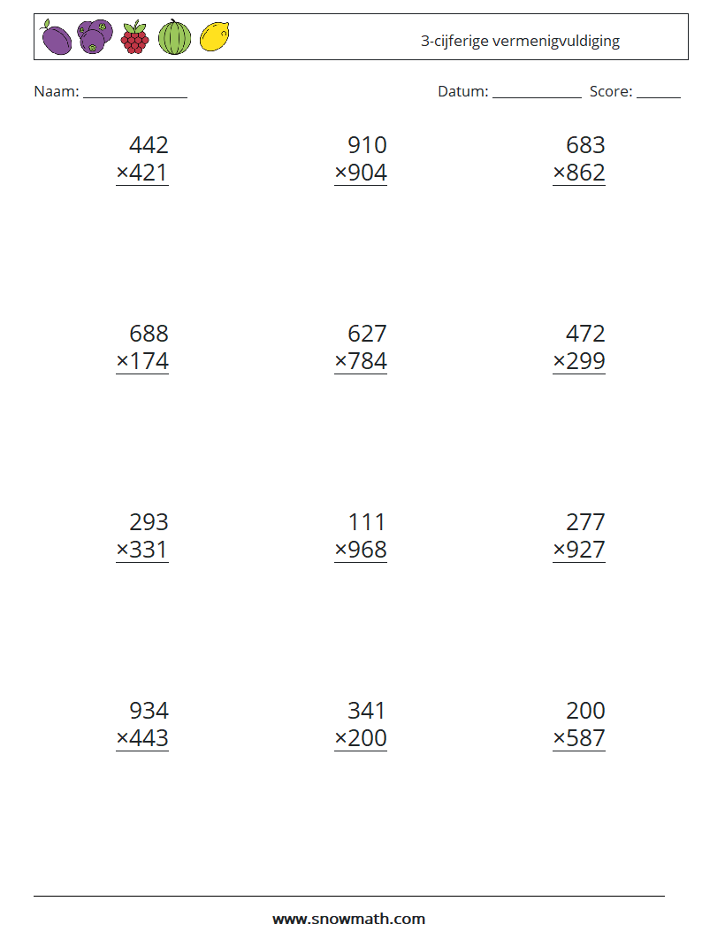 (12) 3-cijferige vermenigvuldiging Wiskundige werkbladen 3