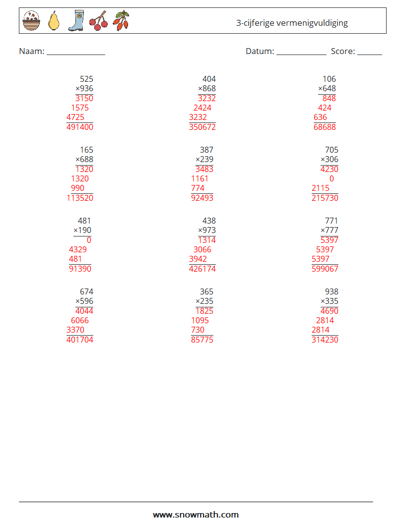 (12) 3-cijferige vermenigvuldiging Wiskundige werkbladen 4 Vraag, Antwoord