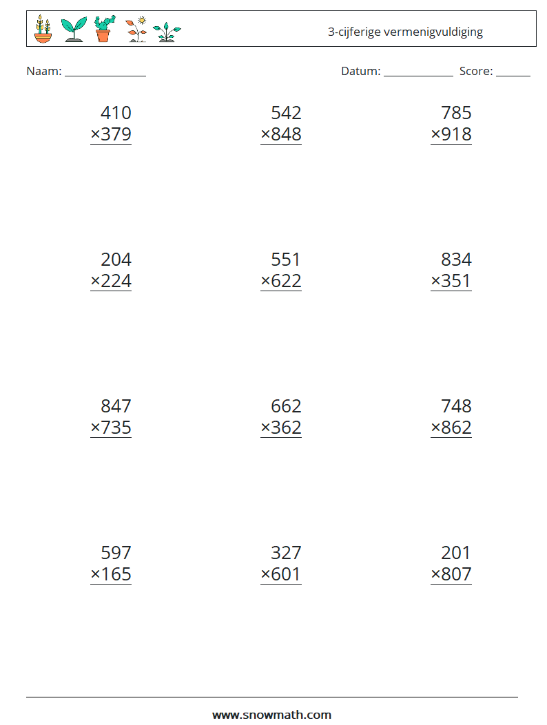 (12) 3-cijferige vermenigvuldiging Wiskundige werkbladen 5
