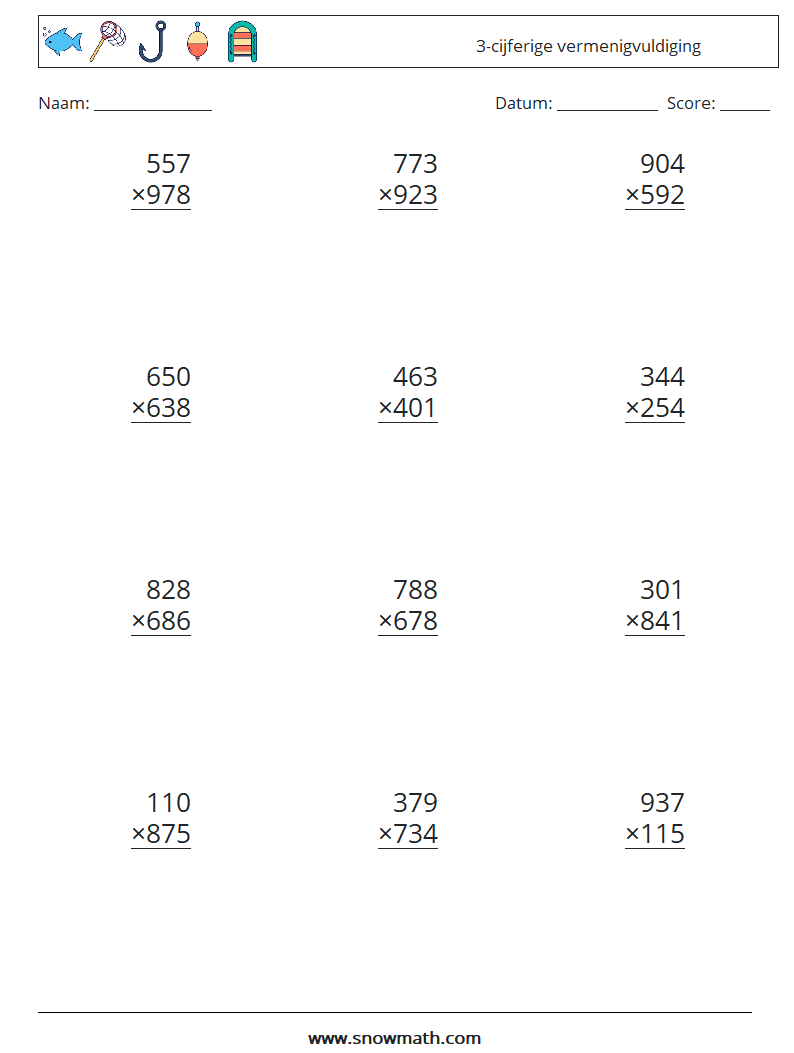 (12) 3-cijferige vermenigvuldiging Wiskundige werkbladen 6