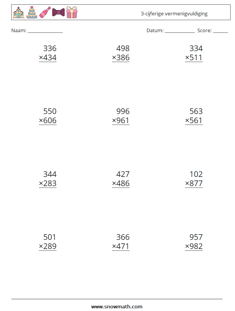 (12) 3-cijferige vermenigvuldiging Wiskundige werkbladen 7