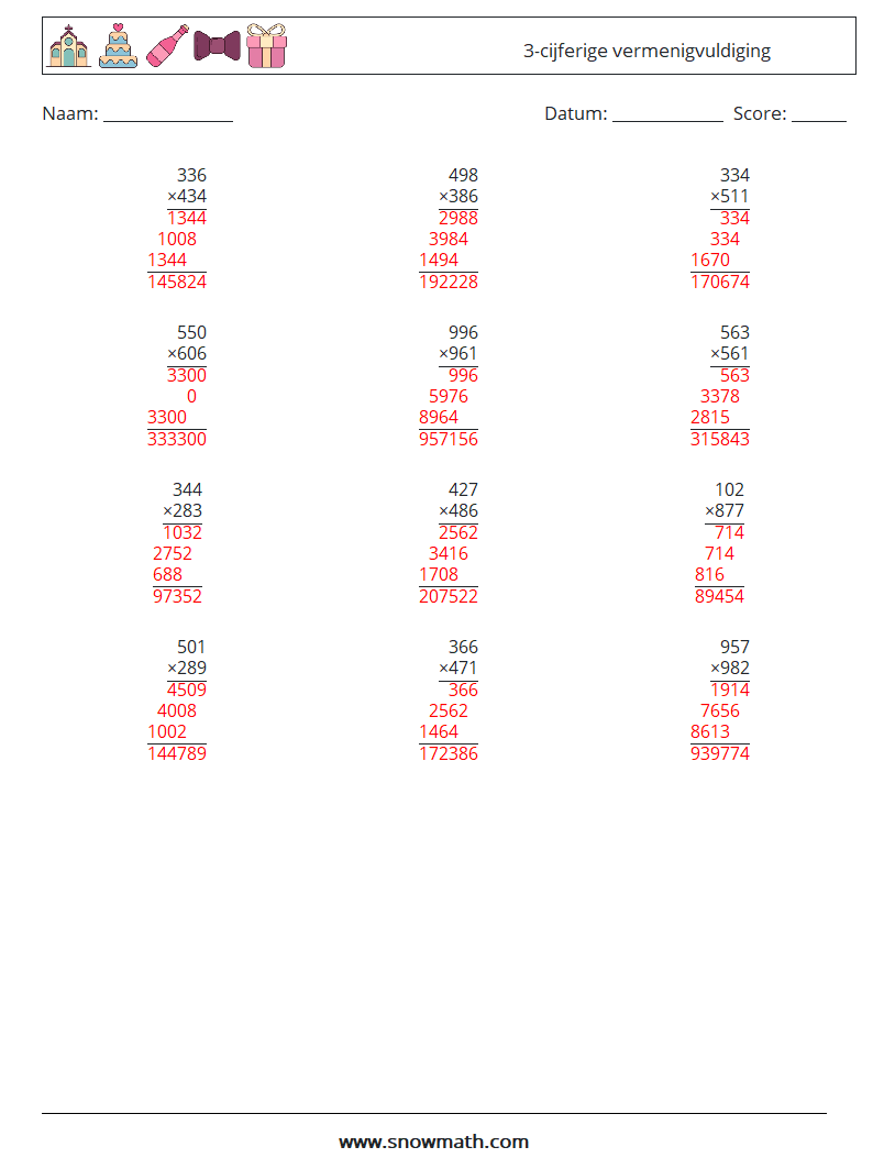 (12) 3-cijferige vermenigvuldiging Wiskundige werkbladen 7 Vraag, Antwoord