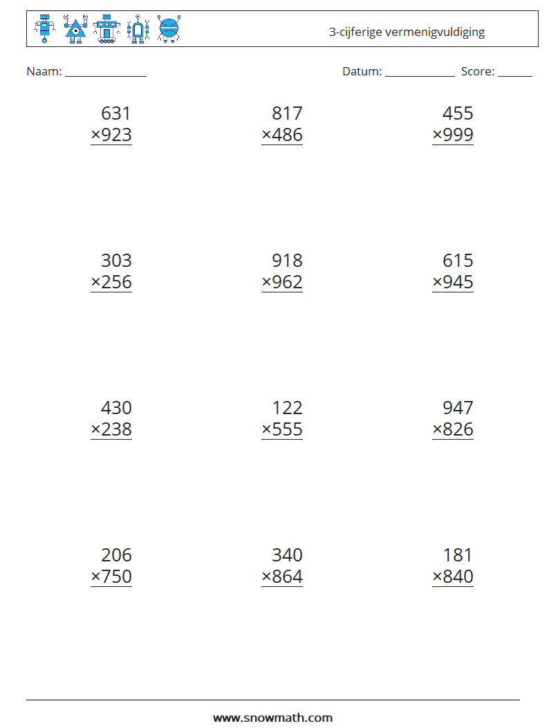 (12) 3-cijferige vermenigvuldiging Wiskundige werkbladen 8