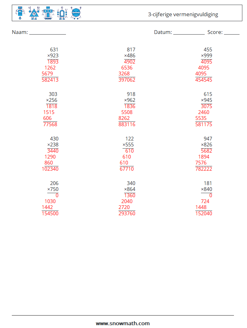 (12) 3-cijferige vermenigvuldiging Wiskundige werkbladen 8 Vraag, Antwoord