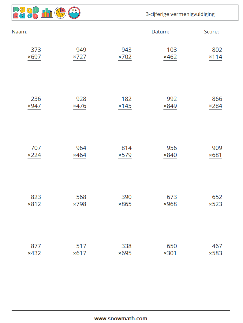 (25) 3-cijferige vermenigvuldiging Wiskundige werkbladen 11