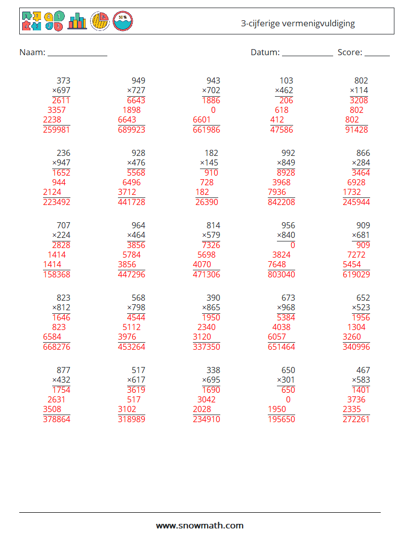 (25) 3-cijferige vermenigvuldiging Wiskundige werkbladen 11 Vraag, Antwoord