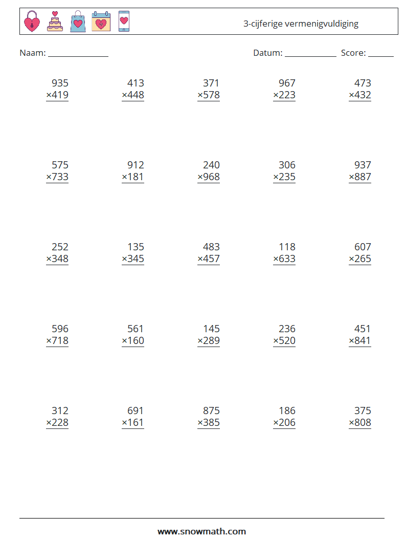 (25) 3-cijferige vermenigvuldiging Wiskundige werkbladen 13