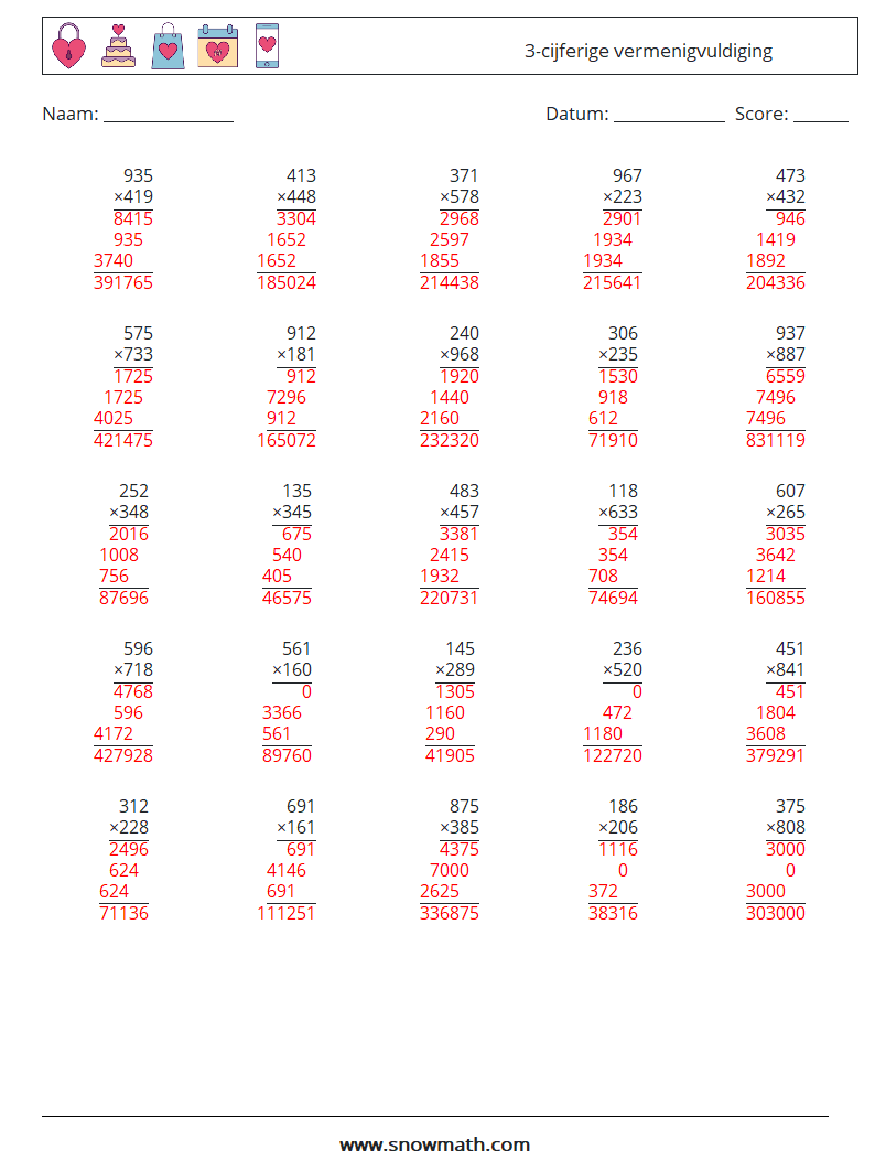 (25) 3-cijferige vermenigvuldiging Wiskundige werkbladen 13 Vraag, Antwoord