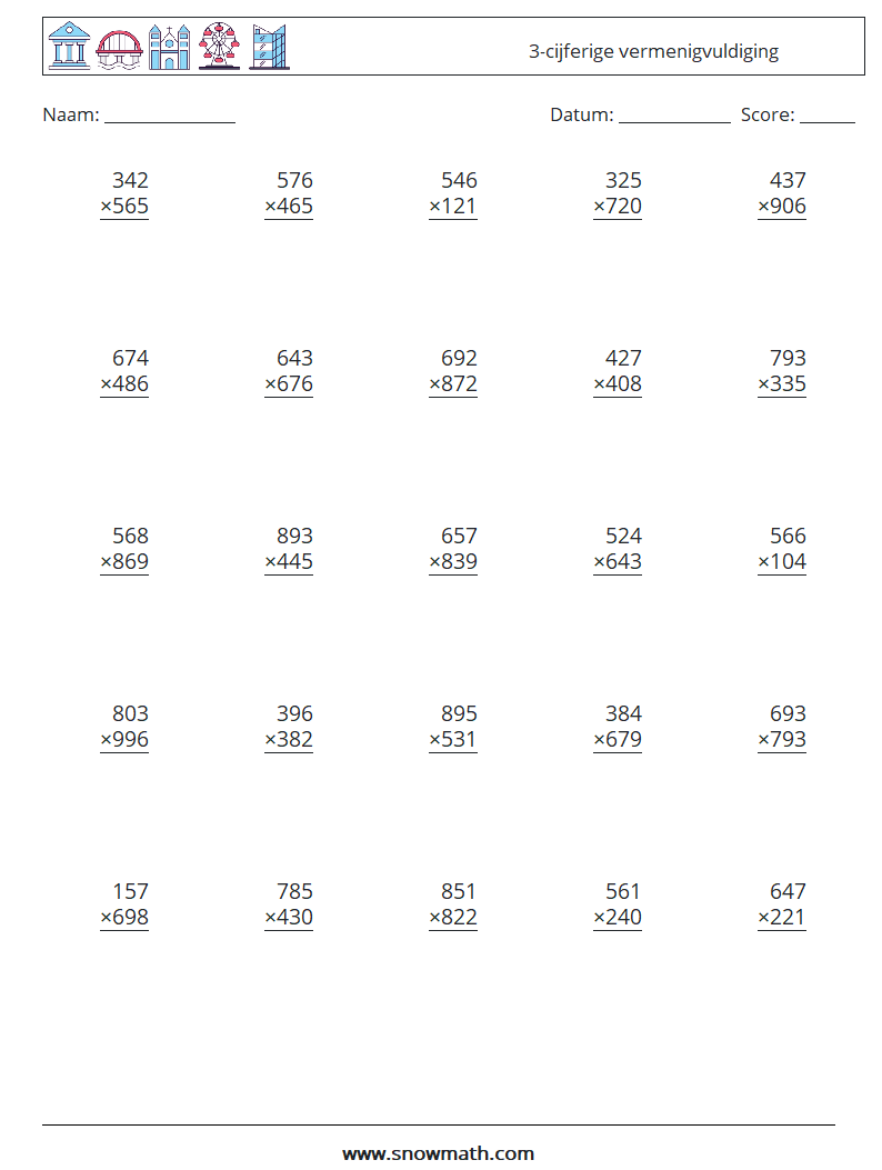 (25) 3-cijferige vermenigvuldiging Wiskundige werkbladen 14
