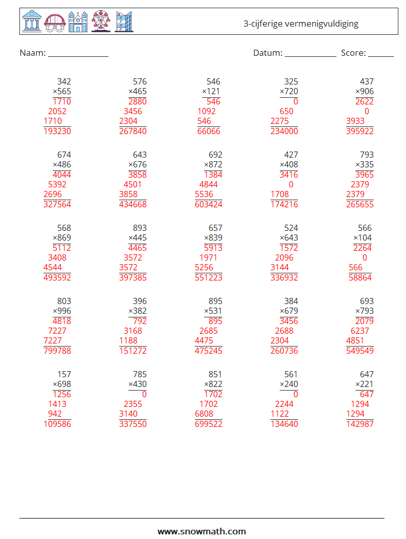 (25) 3-cijferige vermenigvuldiging Wiskundige werkbladen 14 Vraag, Antwoord