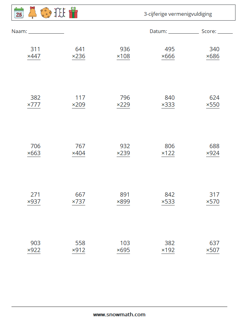 (25) 3-cijferige vermenigvuldiging Wiskundige werkbladen 15