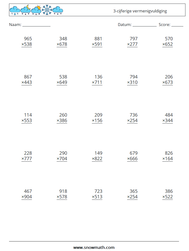 (25) 3-cijferige vermenigvuldiging Wiskundige werkbladen 16