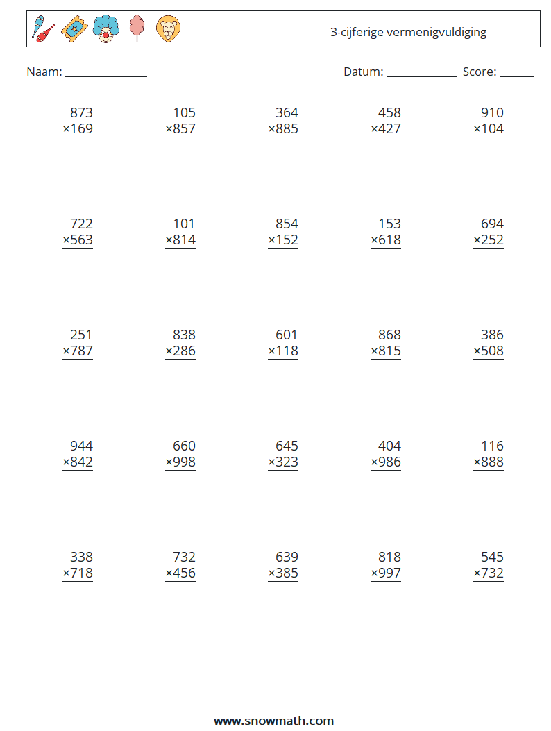 (25) 3-cijferige vermenigvuldiging Wiskundige werkbladen 17