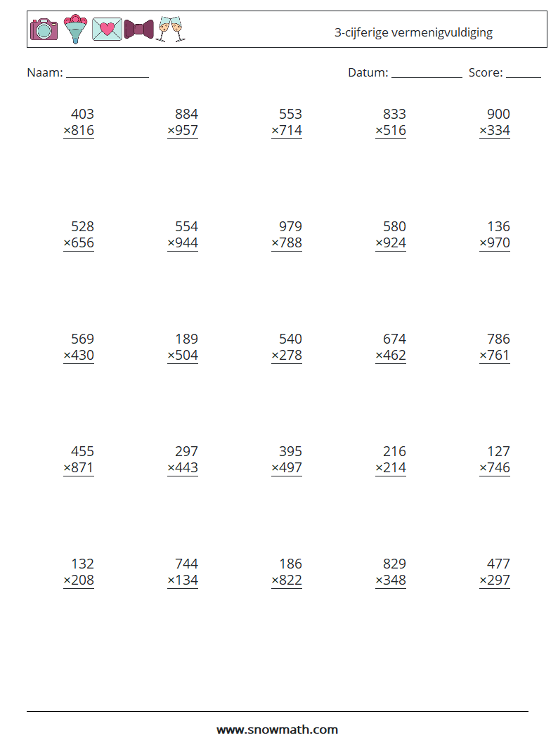 (25) 3-cijferige vermenigvuldiging Wiskundige werkbladen 18