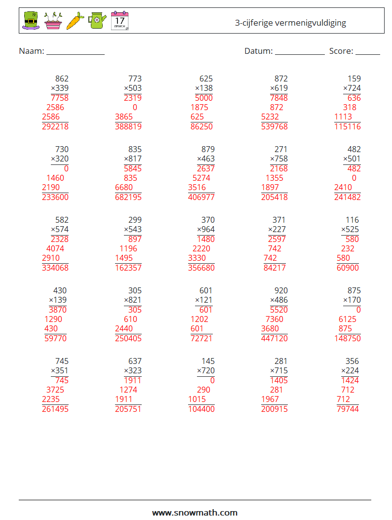 (25) 3-cijferige vermenigvuldiging Wiskundige werkbladen 1 Vraag, Antwoord