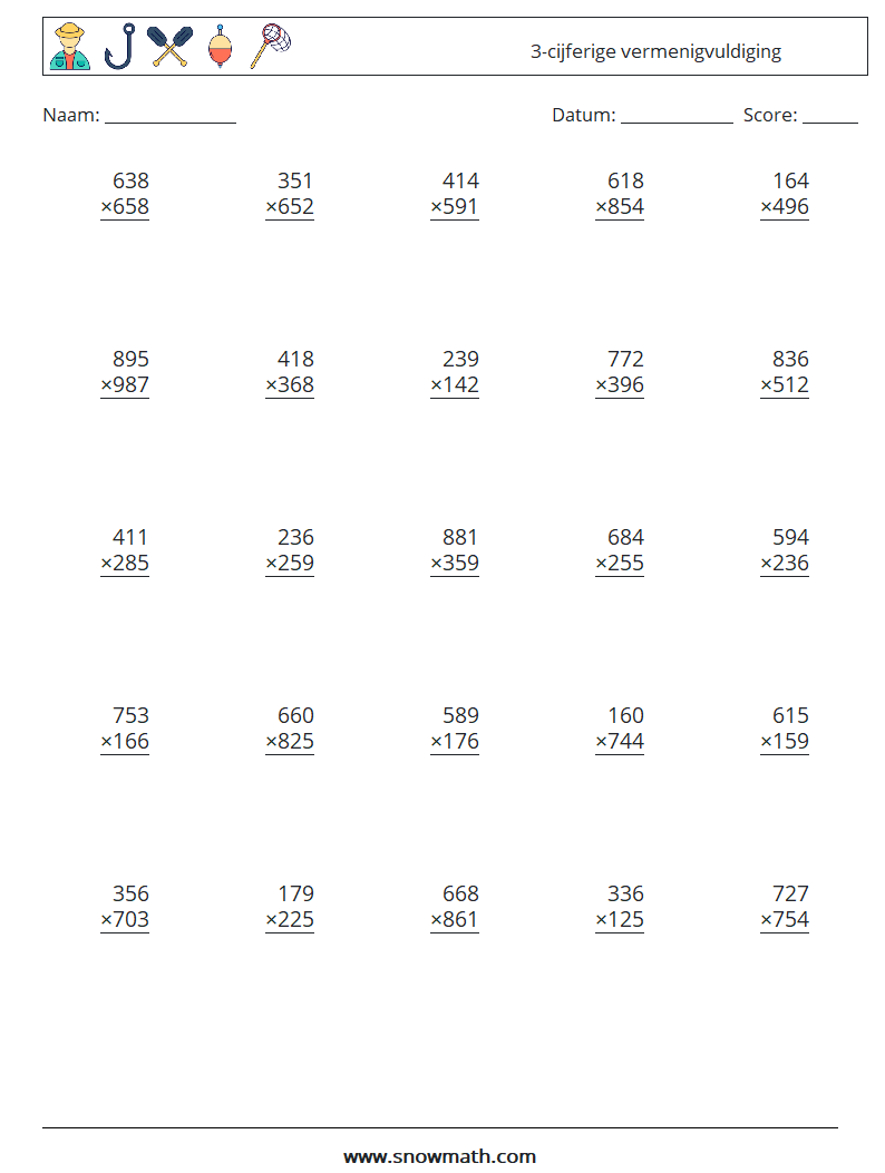 (25) 3-cijferige vermenigvuldiging Wiskundige werkbladen 2
