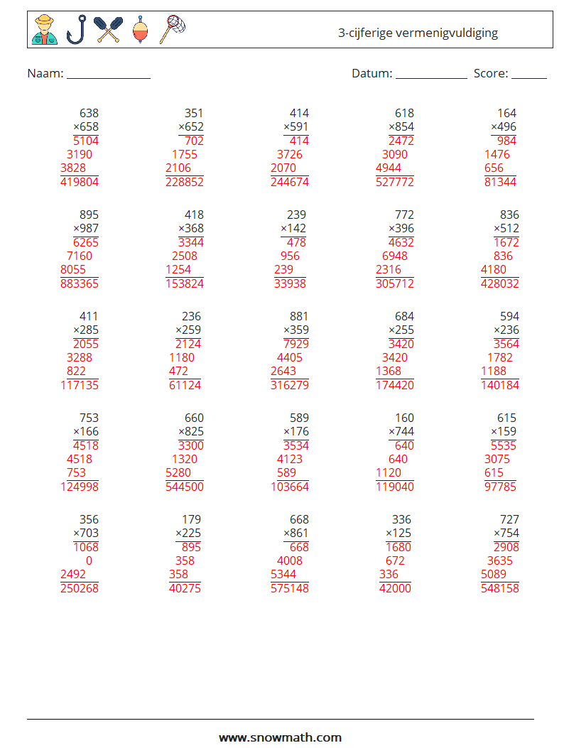 (25) 3-cijferige vermenigvuldiging Wiskundige werkbladen 2 Vraag, Antwoord